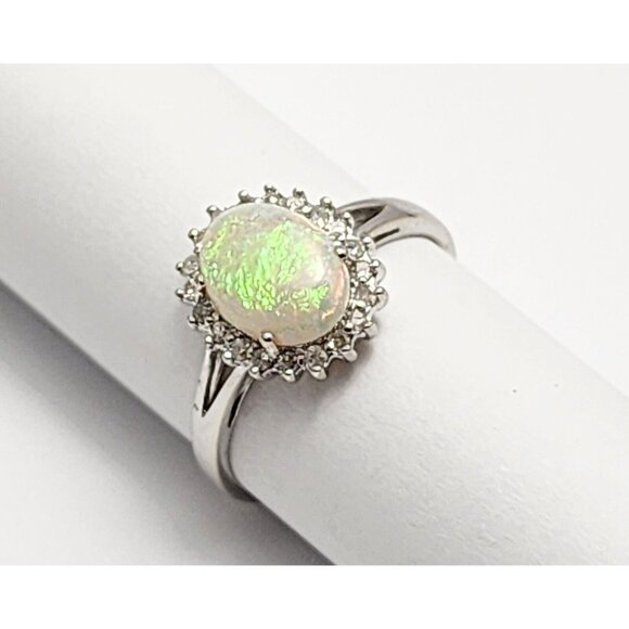 Beautiful 14K Karat Solid White Gold Designer White Opal & Diamond Ring - Size 7 - Picture 4 of 16